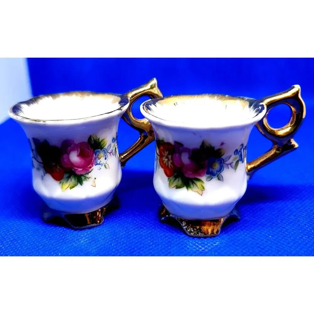 VNTG Japan Mini Porcelain Tea Cup Saucer Gold Trim Footed Base Vibrant Florals